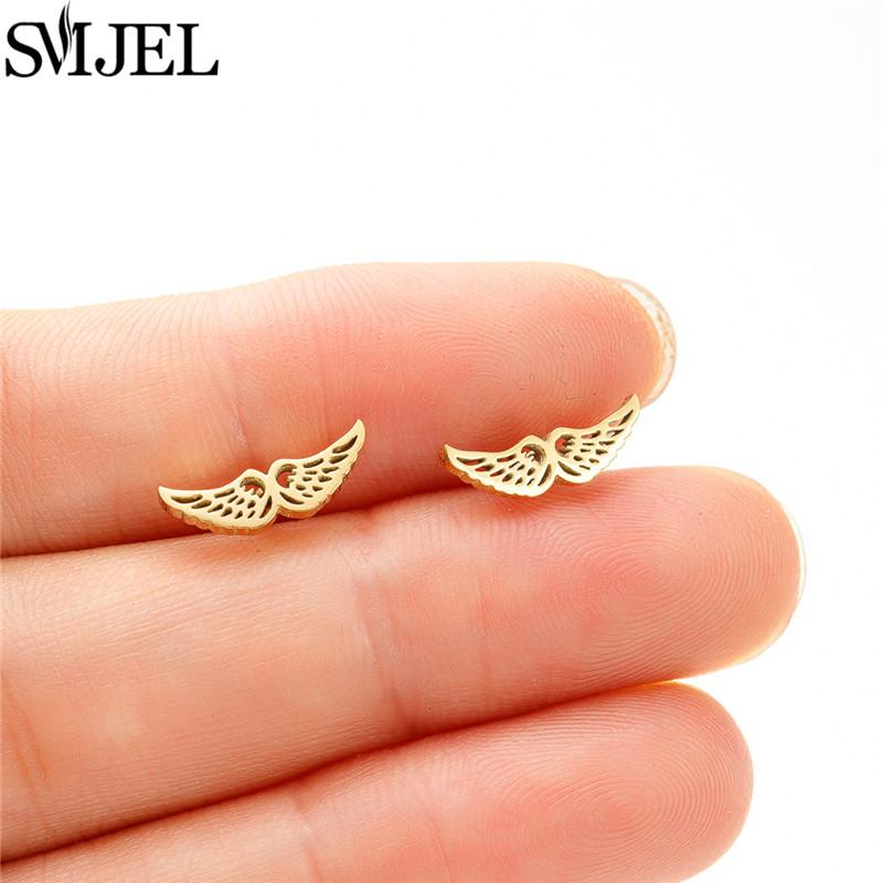 SMJEL Ethnic Angel Wing Earrings Small Stainless Steel Feather Stud Earring for Women Fashion Jewelry Pendientes Mujer