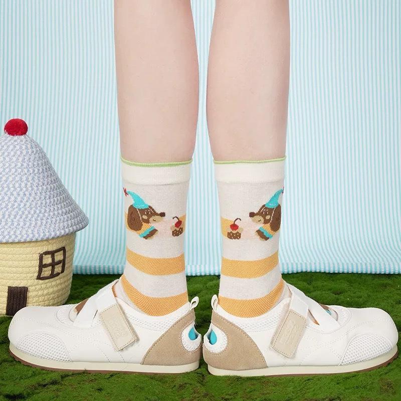 

Женские летние тонкие сетчатые носки-трубы из хлопка с милым мультяшным дизайном, дышащие, в полоску, креативные 1 pair