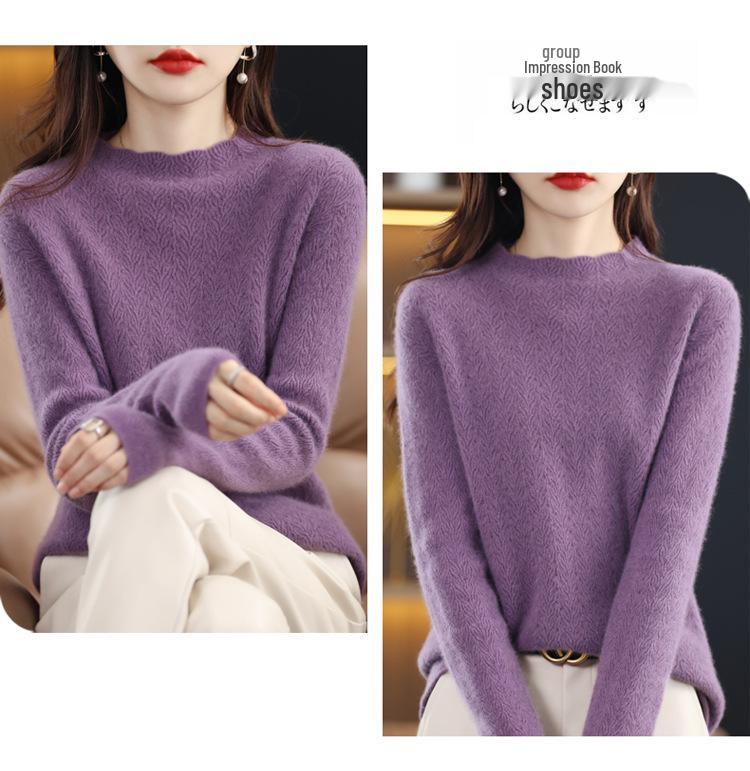 Women's Retro Wool Knit Hollow Out Sweater - Autumn/Winter Long Sleeve Half High Neck Pullover.