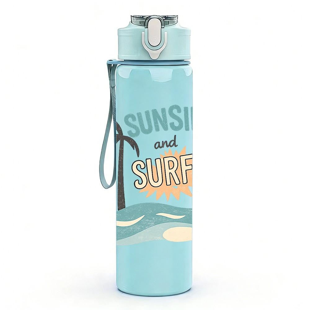 1PC Sunshine Palm Beach Summer Vacation Print 750ml Color Plastic Sports Water Bottle Leakproof Flip Straw Lid Suitable for Sports Office Home Use