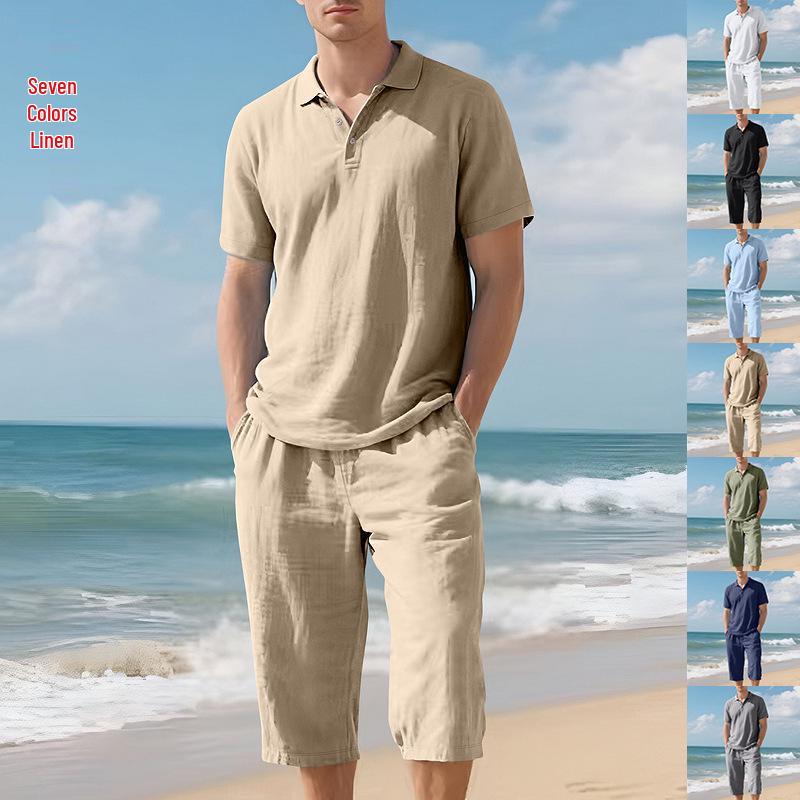 Men's Breathable Linen Polo Shirt & Three-Quarter Beach Pants Set