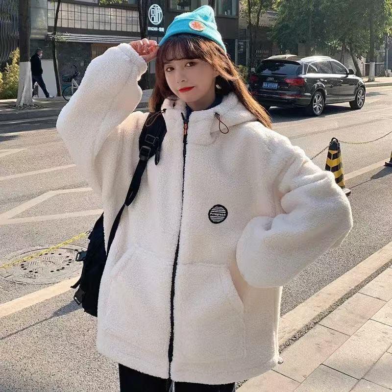 Womens Fleece Hooded Cardigan - Loose Fit Winter Casual Jacket Beige
