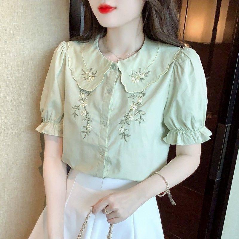 Baby Doll Collar Embroidered Cotton Shirt Women's Fashionable Cotton Summer New Fashion Loose Small Fresh Top