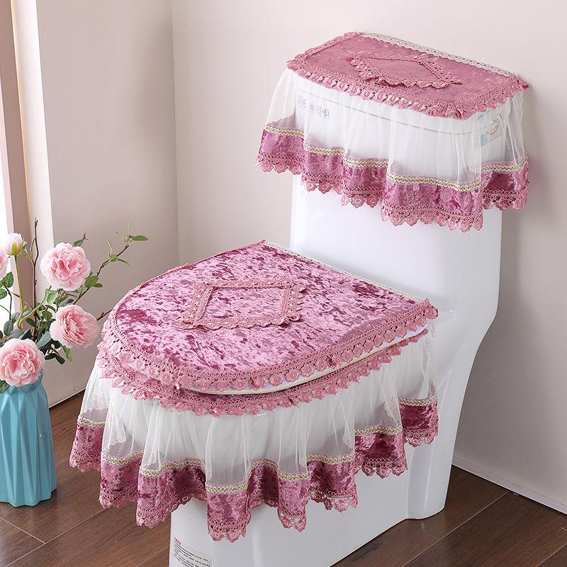 3-teiliges Toilettensitzset aus Stoff mit Spitze, dreiteiliger Toilettensitzbezug aus goldenem Samt, U-förmiger Toilettendeckel mit Reißverschluss und Toilettenständerring