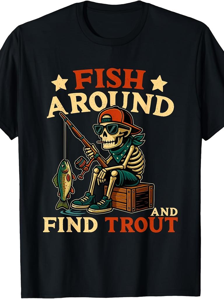 Men' Retro Fishing T-Shirt with Trout Skeleton & Fisherman Graphic - - Round Neck Tee Suitable for Trout Hunting, Anglers, Outdoor Activities, Machine