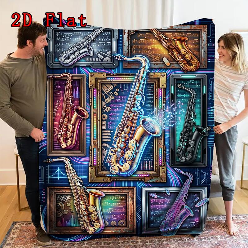 Saxophone Frames Notes 2D Flat Pattern Flannel Blanket, High Quality All Seasons, Home Decor, Warmth and Comfort, Perfect for Christmas Gifts.