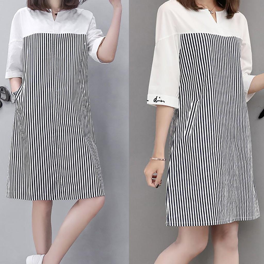 

Женское модное летнее платье с v-образным вырезом до колена и половиной рукавов в полоску с принтом