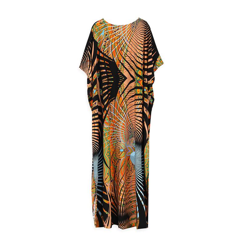 EDOLYNSA Různobarevné Kaftan Bohemian Potištěné Maxi šaty Batwing Sleeve Sleeve Sleeve Women Dámské plážové oblečení Polorukáv Maxi šaty Robe Q1342