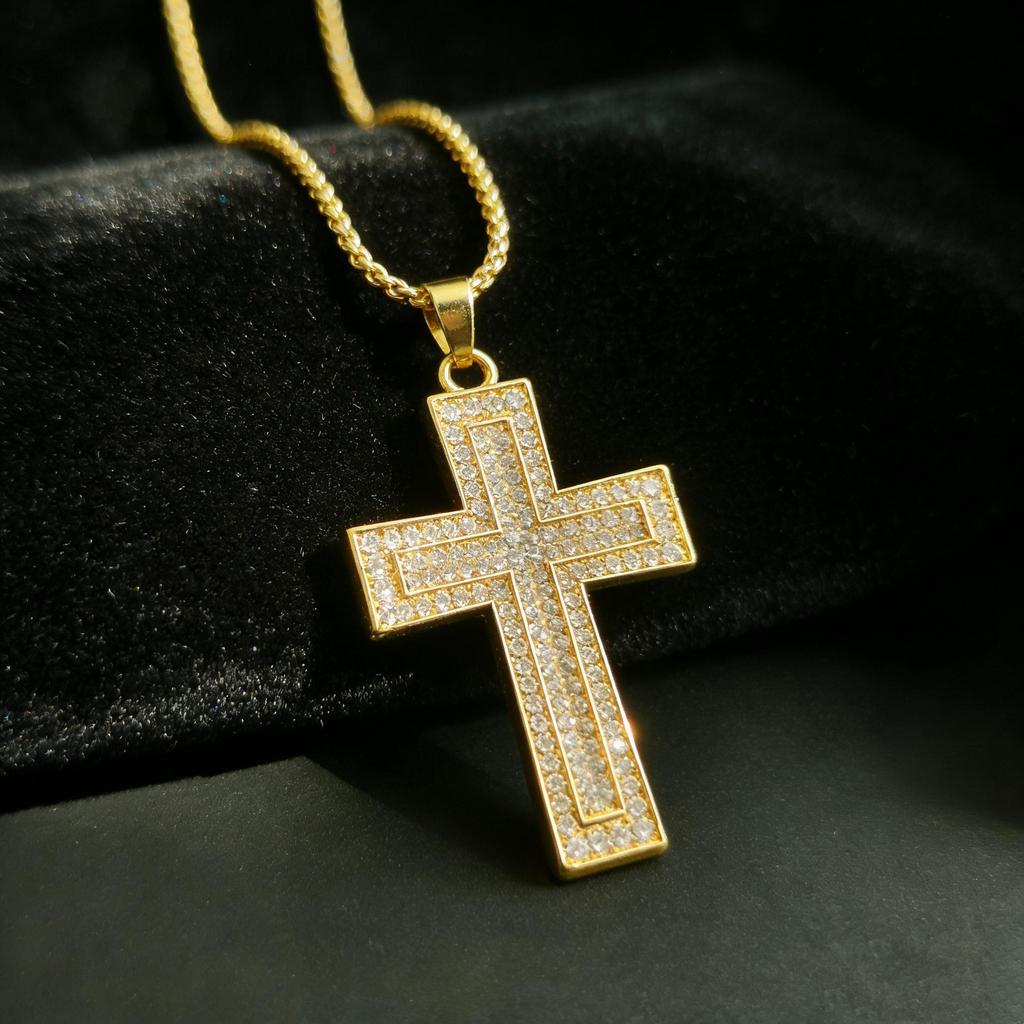 European-American Hip Hop Full Diamond Cross Pendant Necklace - Unisex Sweater Chain Accessory