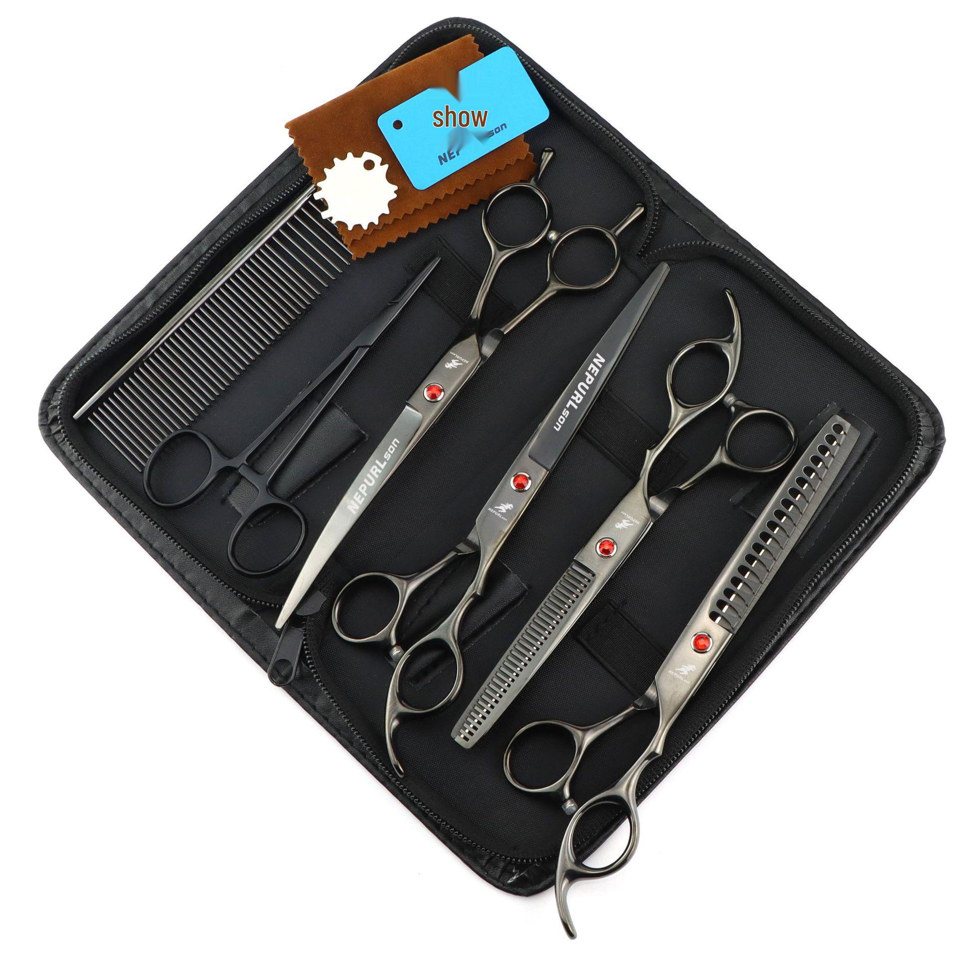 7.0-Inch Purple Plating Pet Grooming Scissors Set: Straight, Fine-Tooth, Serrated, and Fishbone Shears
