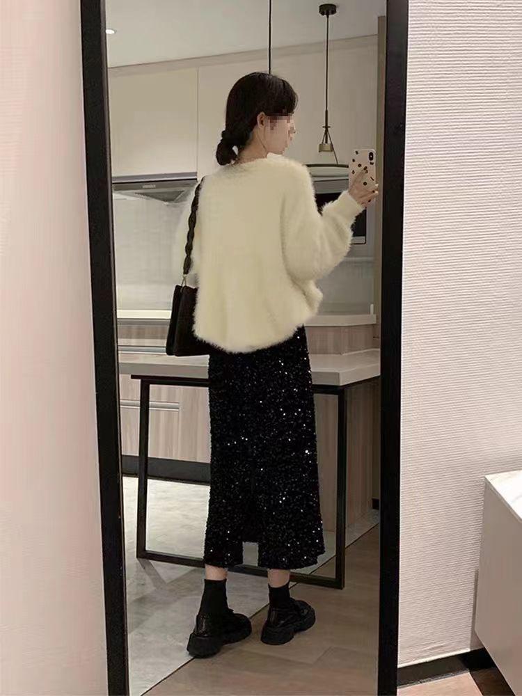 Hoher schwarzer Samt-Pailletten-Rock mit Schlitz für Damen - Beliebter langer Rock für Frühling, Herbst, Winter