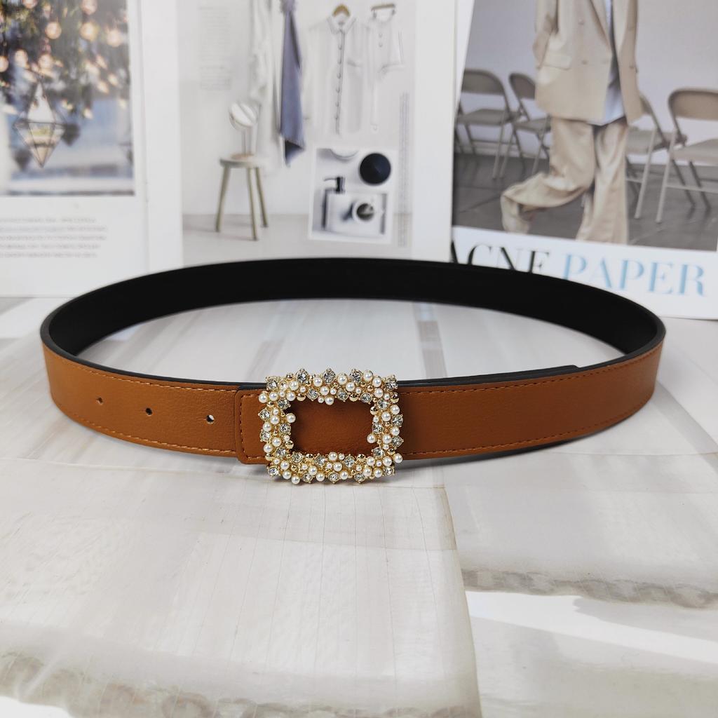 Lychee Pattern Colored Cowhide Belt Women'S Square Pearl Diamond Smooth Buckle Simple Jeans Belt Women