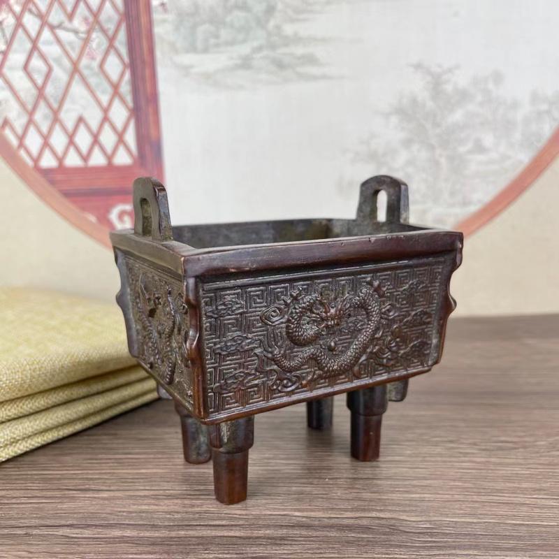 Simu Wuding Bronze Ornament Antique Alloy Four-Legged Square Office Company Cauldron Incense Burner Home Decor