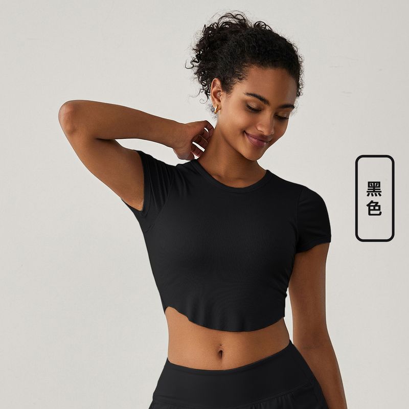 

Modal Yoga T-shirt Summer Silm Slim Looking Sports Short Sleeve Circular Lower Hem Workout Clothes round Neck Women with Chest Pad Black 4 pieces