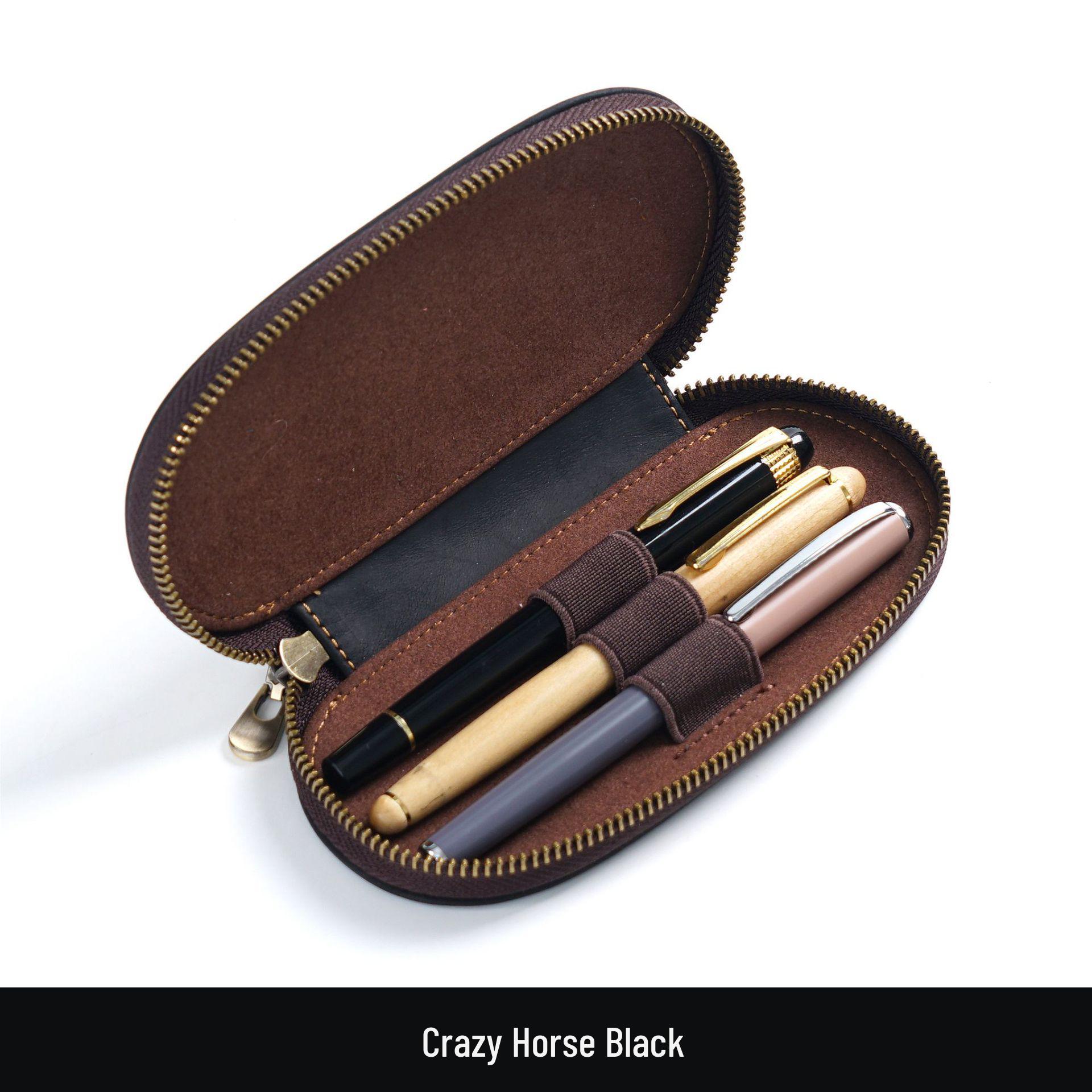 Retro Handmade Crazy Horse Leather 3-Pen Oval Zipper Pencil Case