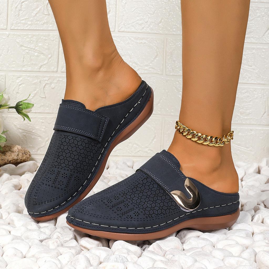 Large size bag head flat bottom casual half slippers women's new solid color wedge metal buckle beach slippers