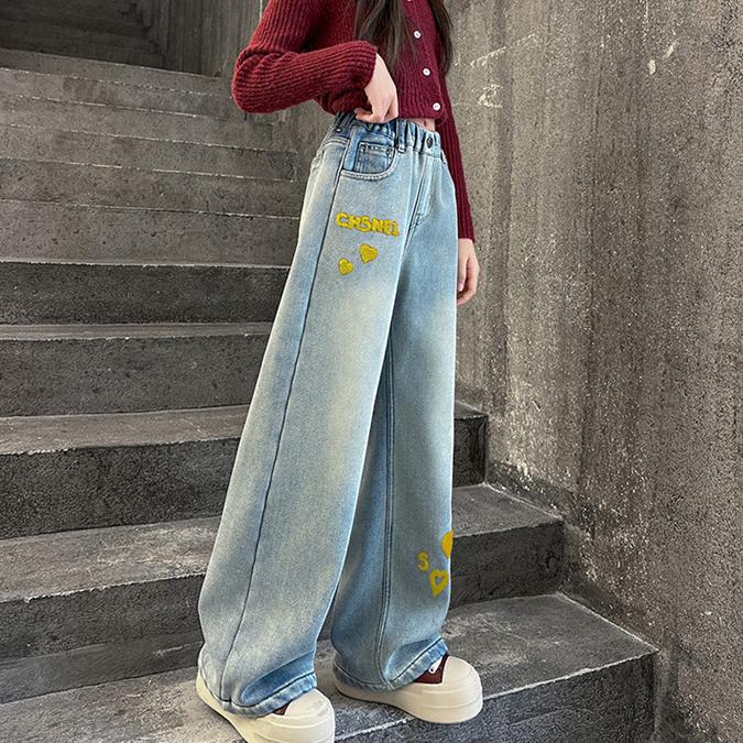 Girls' Pants Children's Light Colored Jeans Spring and Autumn Girls' Straight Leg Wide Leg Pants Loose