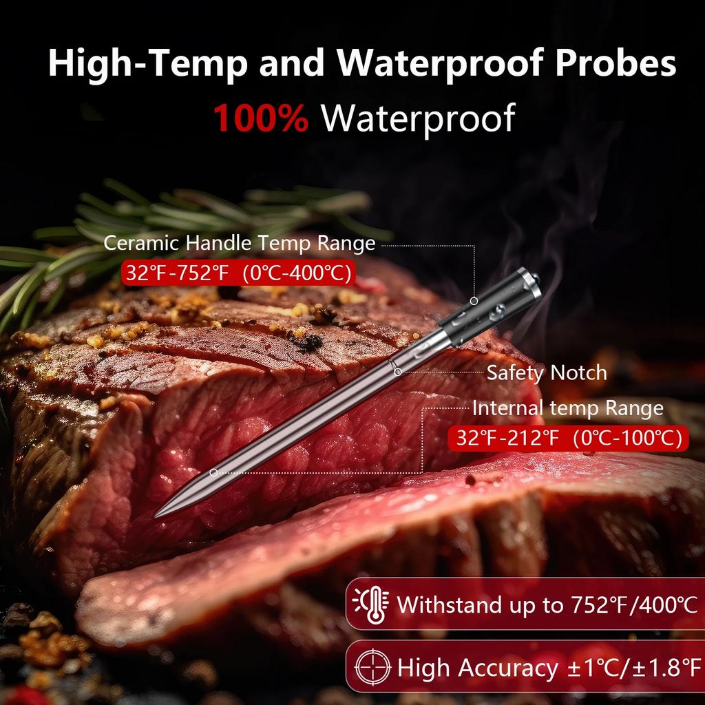 Wireless Bluetooth Meat Thermometer Digital Probes with HD Display & APP Monitoring for Rotisserie Grill BBQ Smoker Steak