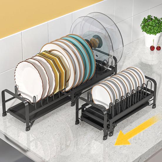 Pull Out Dish Storage Rack Carbon Steel Plate Drain Stand Holder Kitchen Drawer Organizer for Dishes Lids Cutting Boards