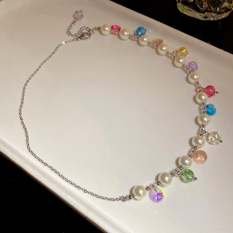 Colorful Dopamine Crystal Beaded Necklace: Water Drop Pearl Collarbone Chain, Fashionable Versatile Jewelry for Women.