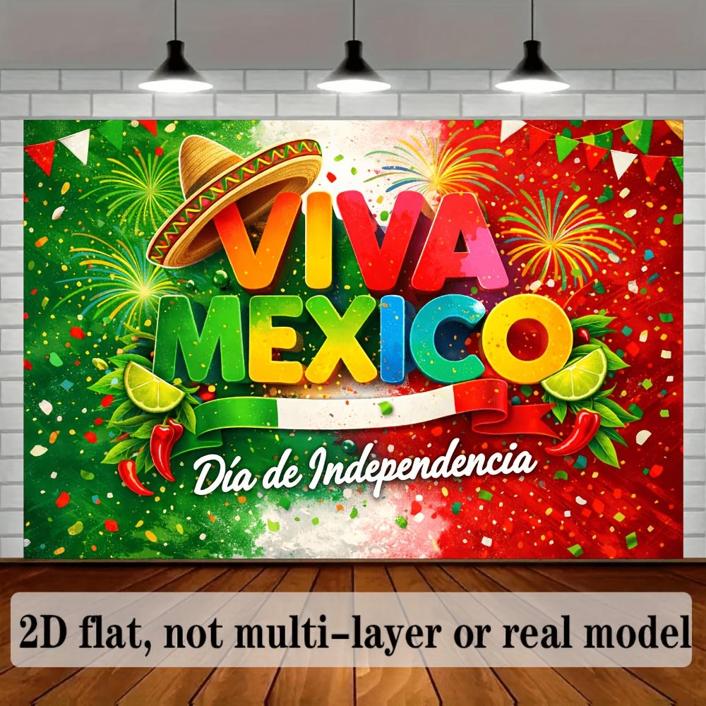 Tessuto per sfondo banner a tema Giorno dell'Indipendenza Messicana 2D piatto, con cappelli a tesa larga e fuochi d'artificioDJH