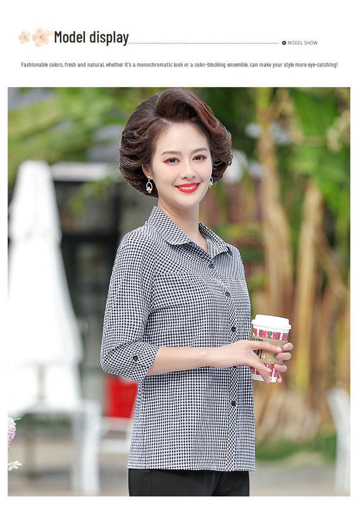 Lightweight Plaid Cotton Blouse for Mature Women, 3/4 Sleeves