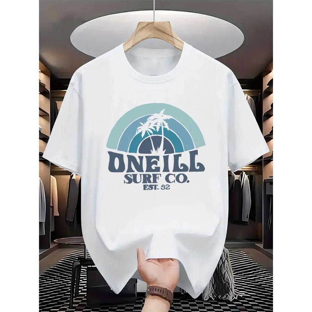 Men's summer 100 cotton fashionable casual sports loose fit plus palm tree pattern printed round neck short sleeved T-shirt top