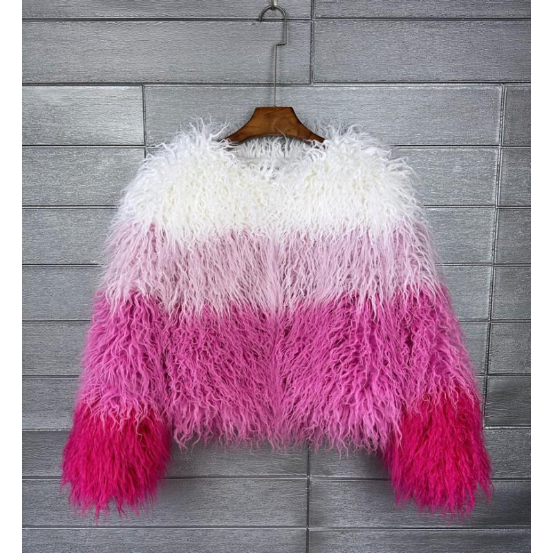 Short Faux Fur Coat Women Color Block Pink White Rose Winter Streetwear Round Neck Long Sleeve
