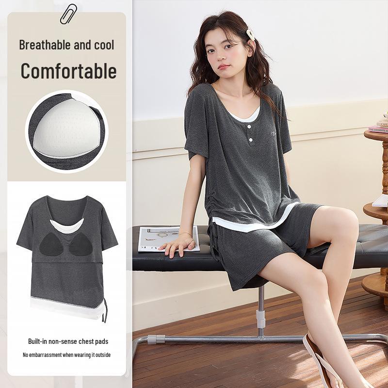 

Ice Silk Ribbed Women s Sleepwear Set with Chest Pads – Short Sleeve & Shorts, Casual Wear, Indoor/Outdoor Comfort XL