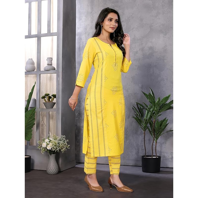 Rangita Yellow Cotton Printed Straight Kurta With Pant | Kurta Set For Women_XL