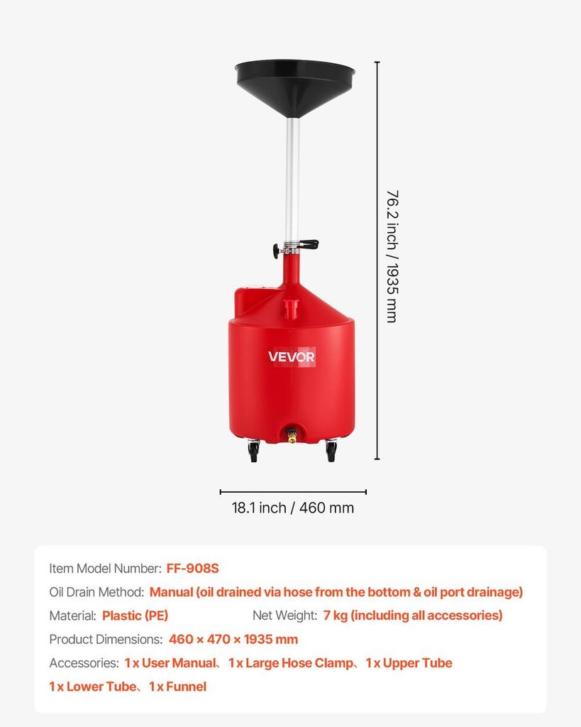 68L Waste Oil Drain Tank, Industrial Fluid Drain Tank with Adjustable Funnel Height, Portable Oil Drainer with Wheels, Fluid Fuel Transfer Drainage