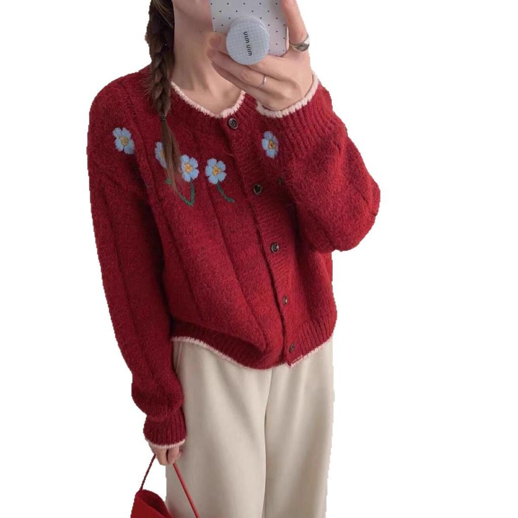 Women's Floral Embroidered Round-Neck Sweater Cardigan - Autumn 2025 Collection