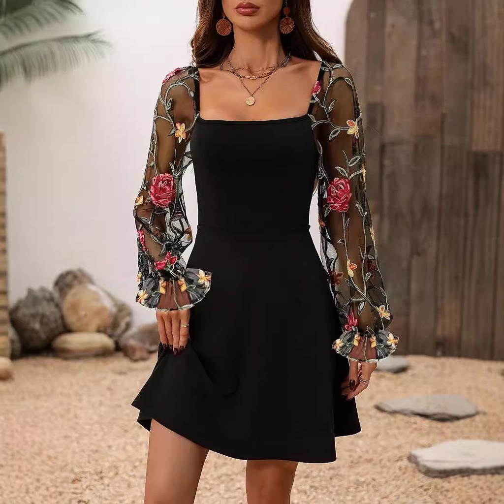 YYFS Women's Fashion Spring Fall Flower Pattern Print Long Sleeve Square Collar High Waist Casual Dresses