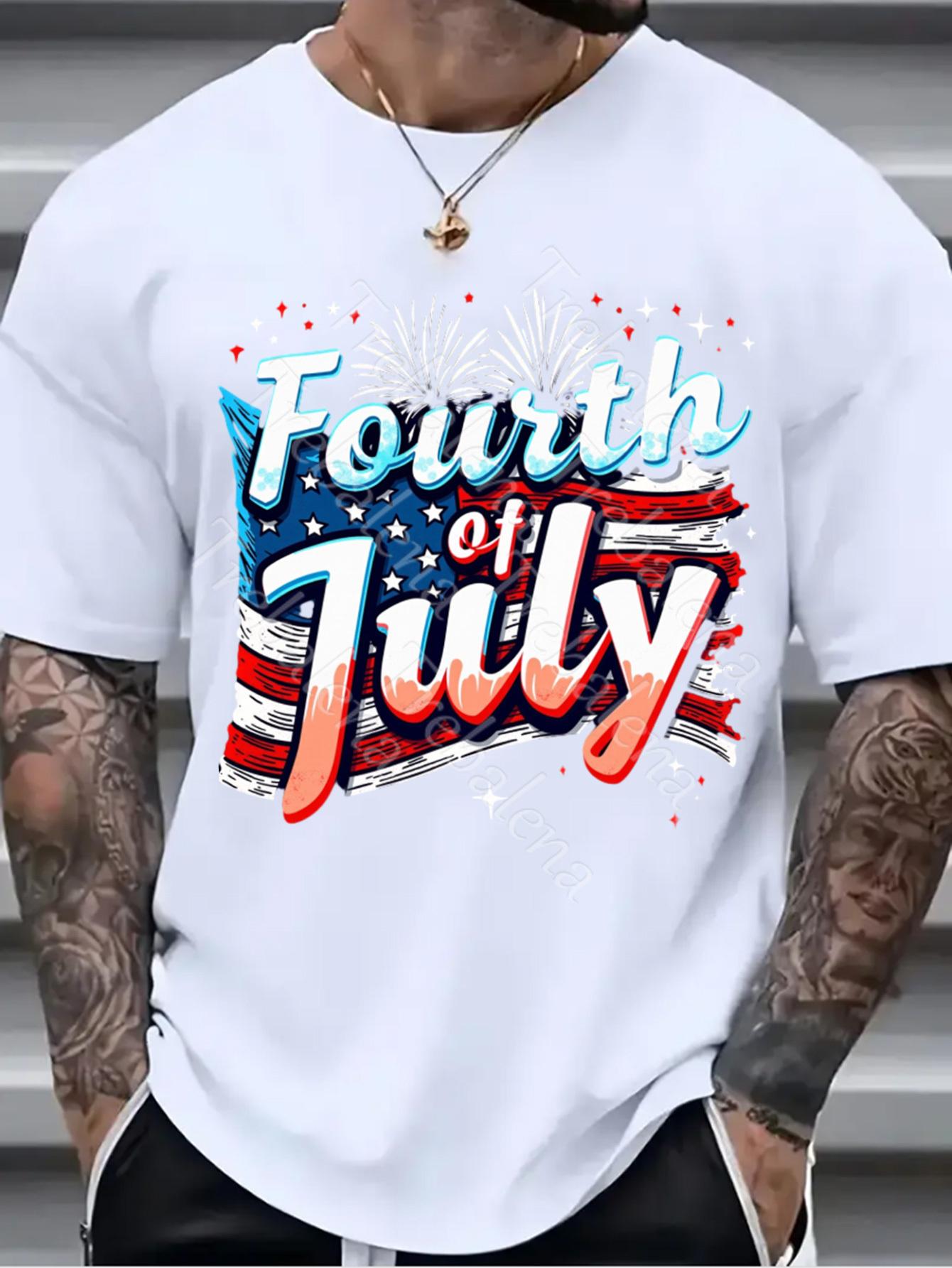 MenS Plus Size Fourth of July Patriotic Mens T Shirt American Flag Fireworks Graphic Tee Independence Day Casual Wear Graphic 2XL