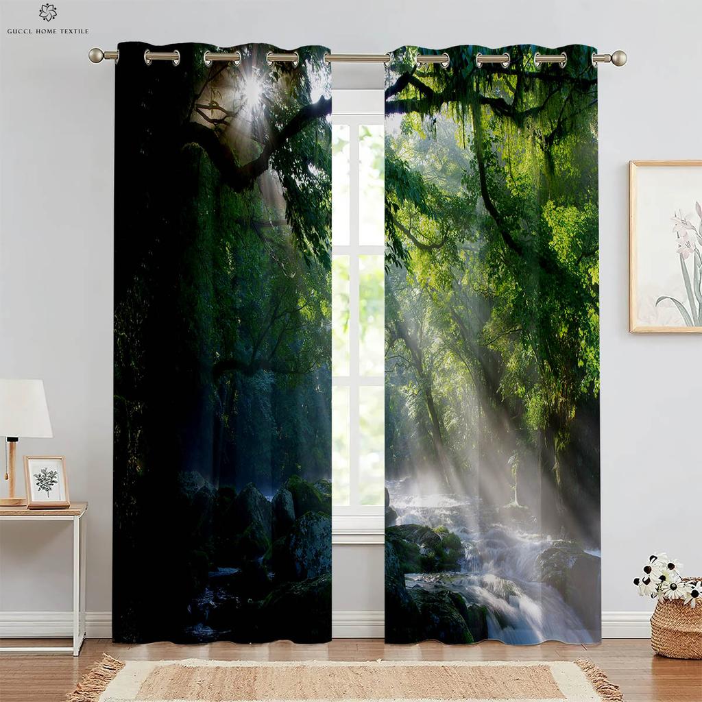 Misty Forest Green Autumn Woods 3D Printed Curtains, Suitable for Bedroom, Living Room, Study, Kitchen, 2 Pieces