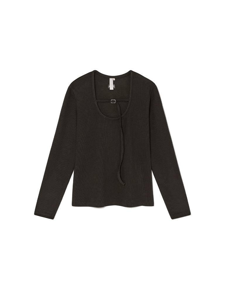 KIJUN Belted U-Neck Top Dark Brown