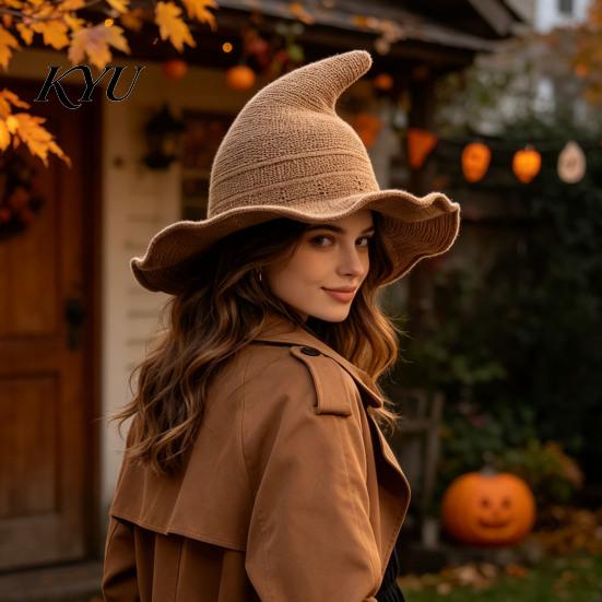 Wide Brim Sun Hat Women Pointed Witch Hat, Foldable Knitted Cap, Halloween Masquerade Party Prop Cosplay for Autumn Winter, Themed Costume Accessory