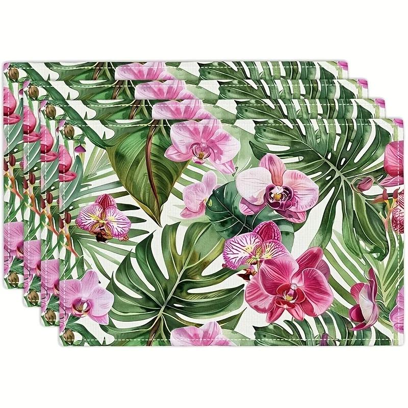 

4PC Linen Tropical Palm Leaves Placemats Summer Leaf Flower Watercolor Orchids Table Mats Washable 30x45cm-4PC