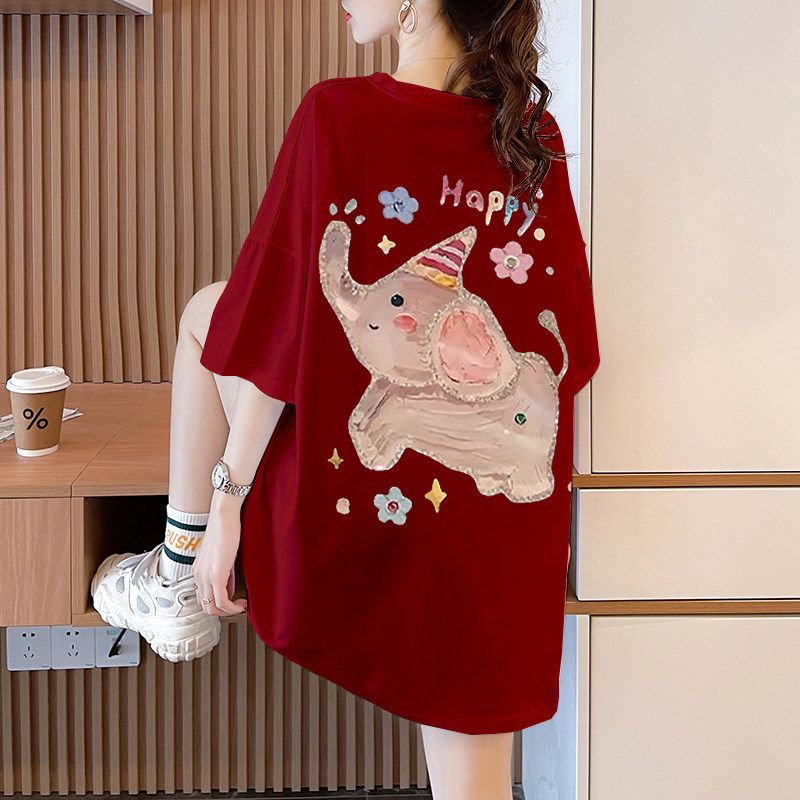 

Plus size Cotton round Neck Short sleeve T-shirt Women Summer American Belly Covering Slimming Loose Mid-Length Cartoon White Top Burgundy [Summer Cotton] M