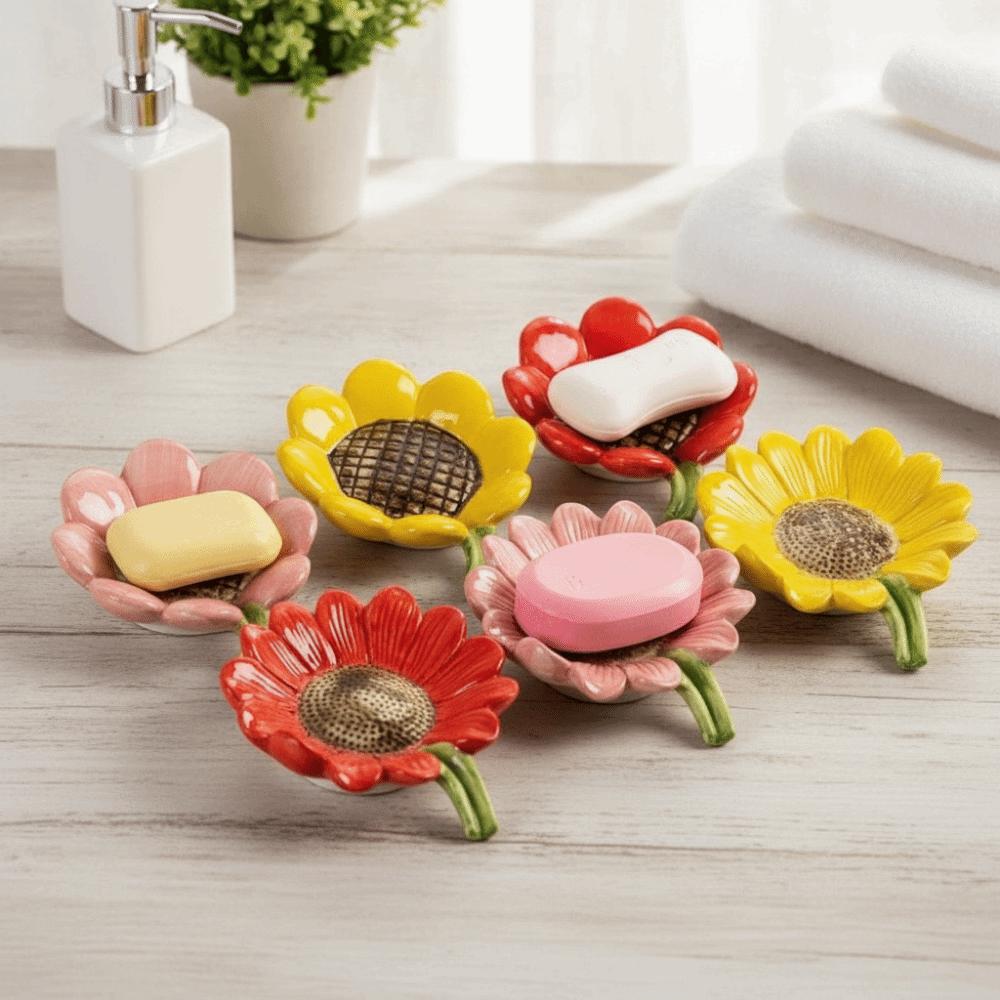 Sunflower-shaped Ceramic Soap Dish Non-slip Draining Tray Ceramic Soap Tray Compact Vintage Soap Holder Bathroom Decoration