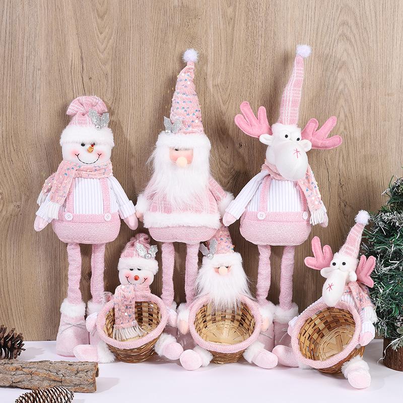 Pink Sequin Retractable Snowman Plush Toy for Christmas Decoration