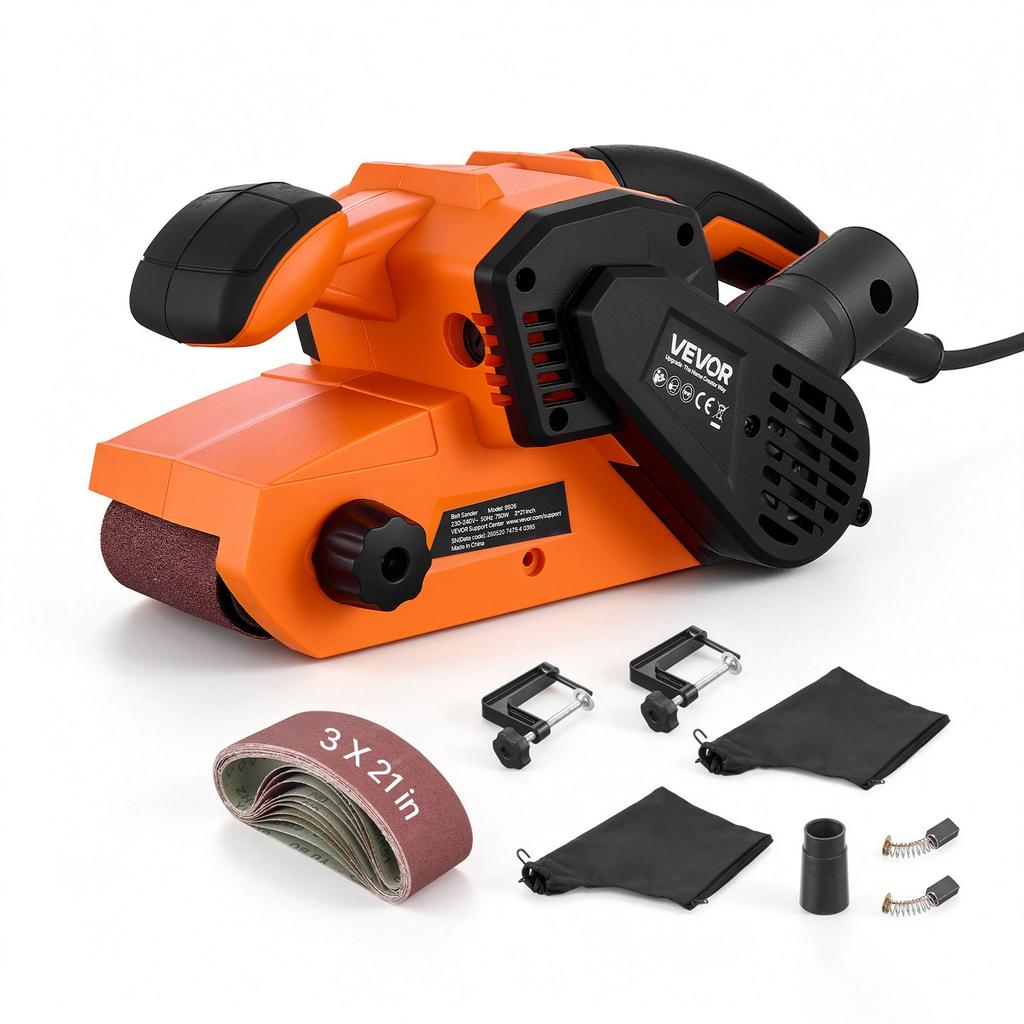 VEVOR 750W Belt Sander 7.6 x 53.3 cm Woodworking Belt Sander 6 Speeds 630-1200 FPM, 2-in-1 Handheld & Benchtop Sanding Machine with 2 Dust Bags