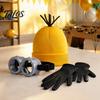 Yellow Knitted Beanies Hat Knit Costume Set, Retro Round Glasses Suspenders Gloves, Halloween Party Adult Theme Costumes Cosplay Accessories