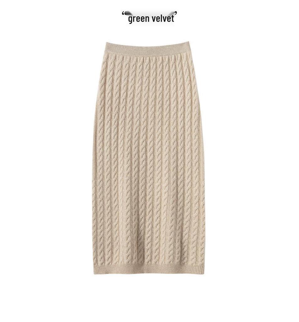 Cashmere Women's High-End Cable Knit Round Neck Sweater & High Waist Skirt Set