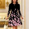 Women Long Sleeve Round Neck Midi Dress Boho Abstract Mandala Dot Floral Print Flared Casual Dress