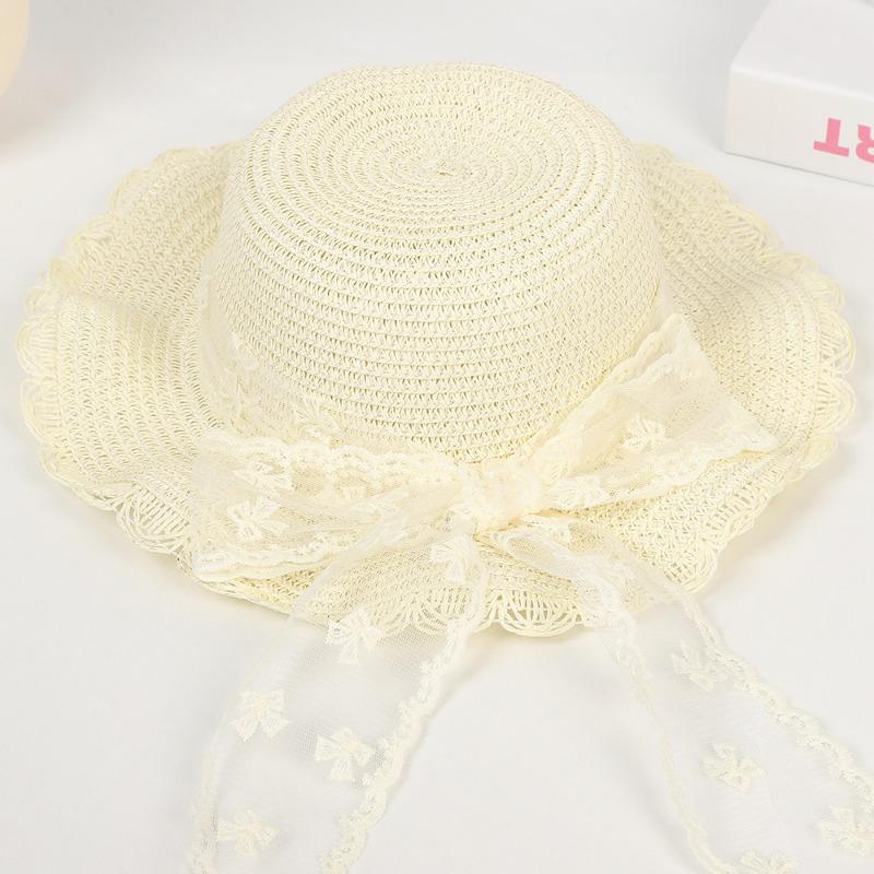 Sweet Lace Bow Straw Hat Outdoor Big Eaves Sun Hat Fashion Lace Ribbon UV Protective Straw Hat