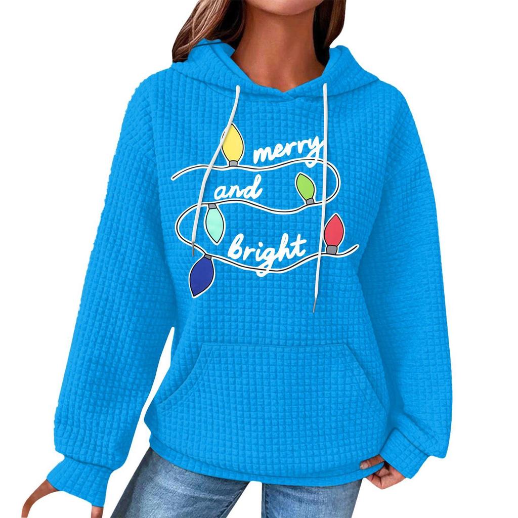 Women's Fashion Loose Hooded Pullover Long Sleeve Plaid Sweatshirt With Drawstring, Drop Shoulder, Pocket, Christmas Print Top