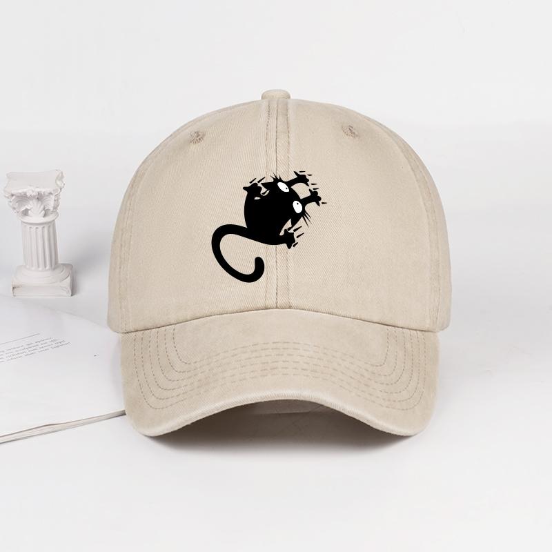 Funny Black Cat Print Washed Baseball Cap Soft, Comfortable, Lightweight, Breathable, Adjustable Cute, Playful, Trendy, Fashiona