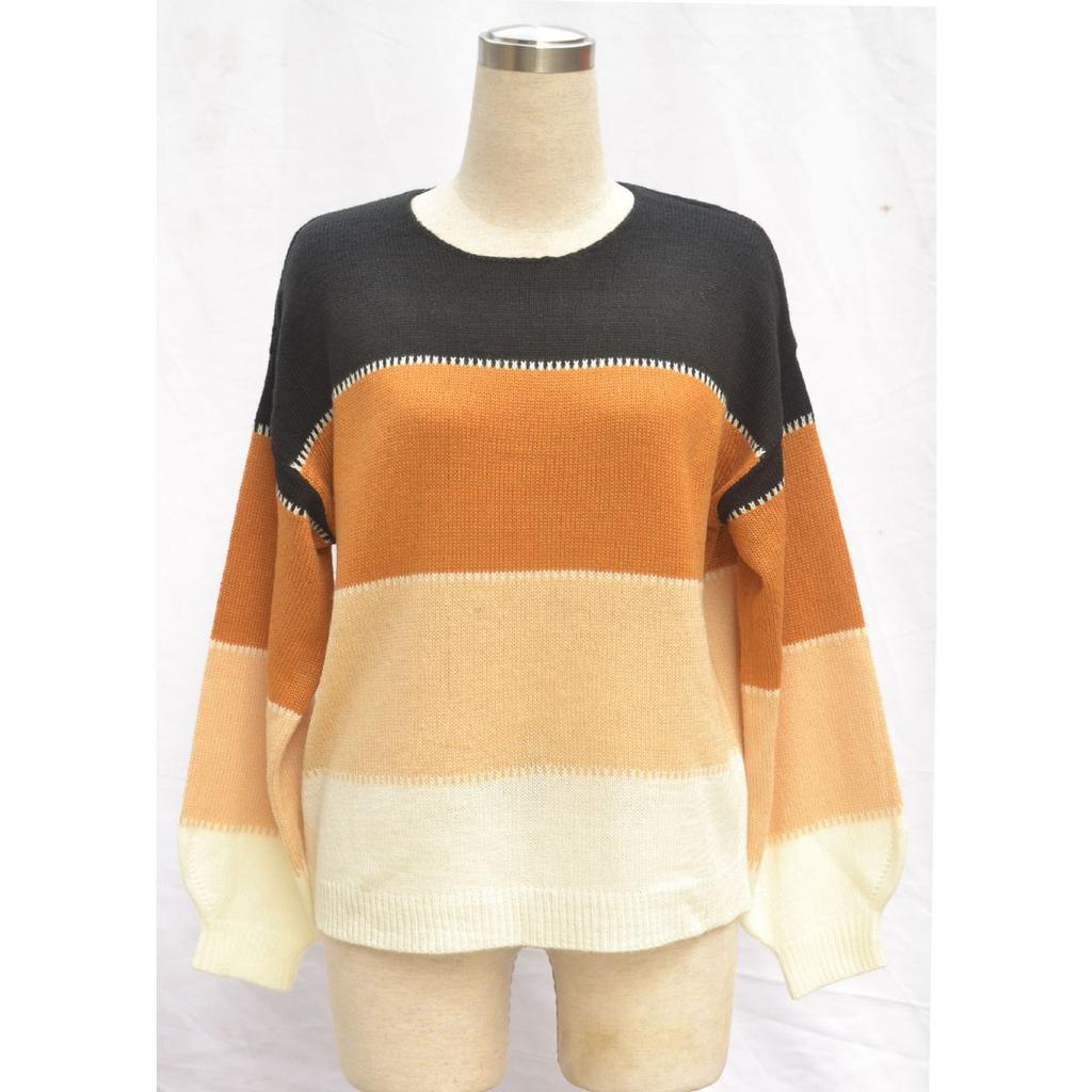 2025 Spring New Sweater Color Matching New Round Neck Medium and Long Loose Knitted Large Size Sweater