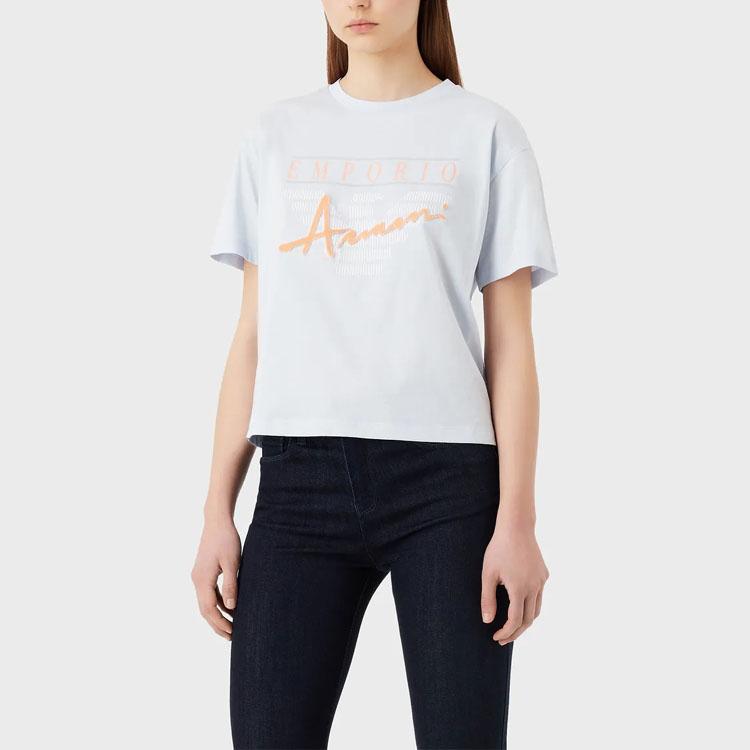 Emporio Armani Solid Color Letter Print Round Neck Short Sleeve T-Shirt Women Tops Blue 3R2T7Z2-JQ4Z1-0703